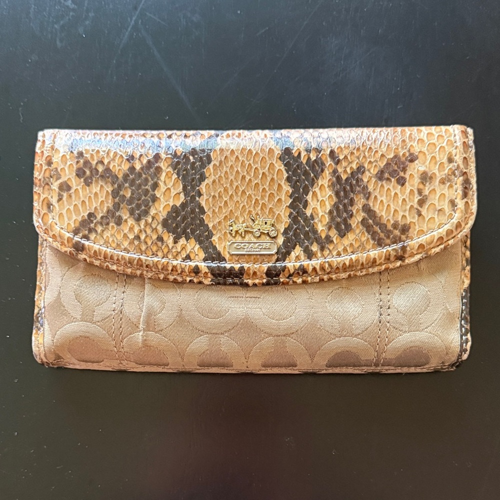 Coach Tan/Brown Signature Wallet with Snakeskin-Print Flap